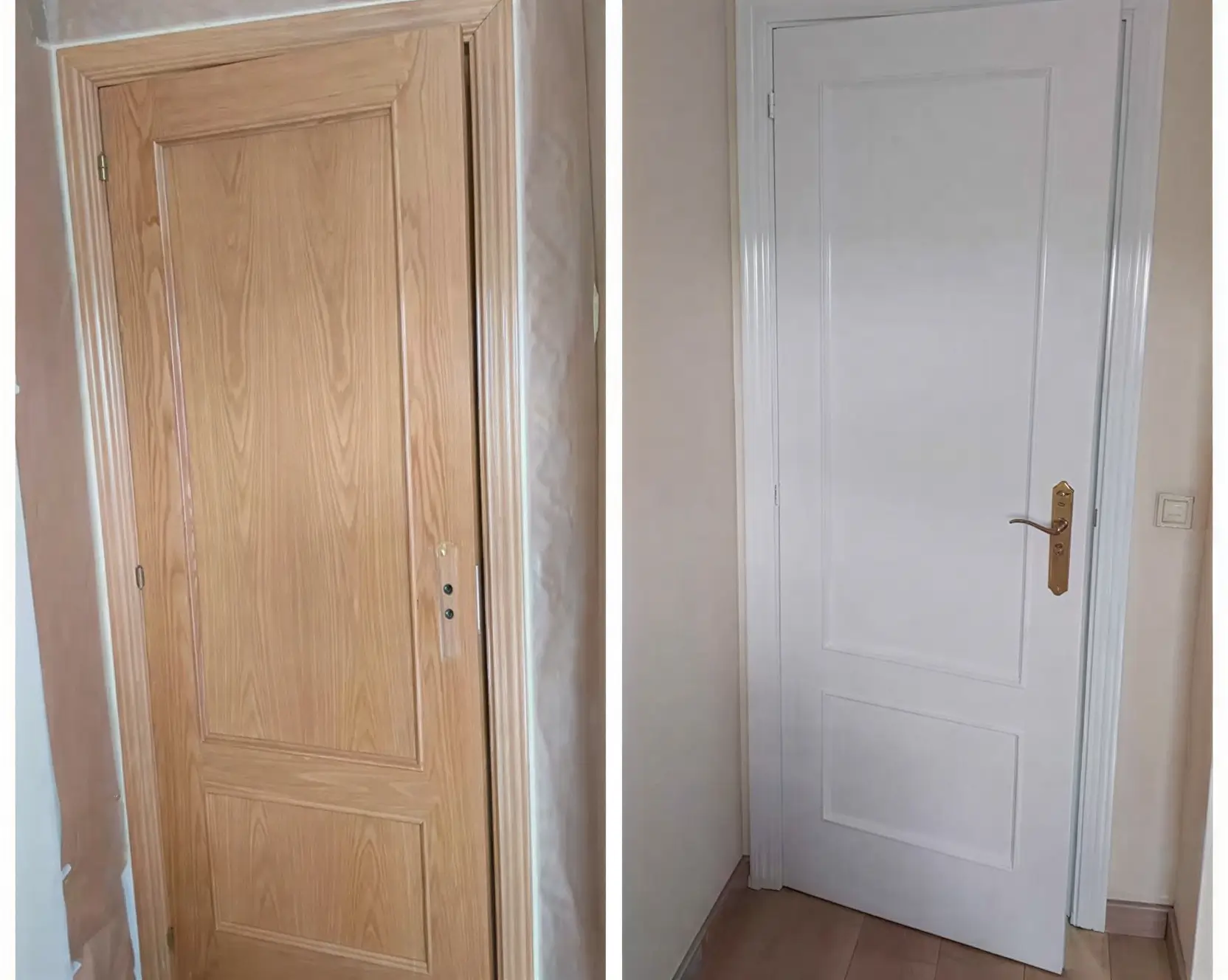 Antes y después de lacar puerta de madera en blanco por Los Pintores Albacete