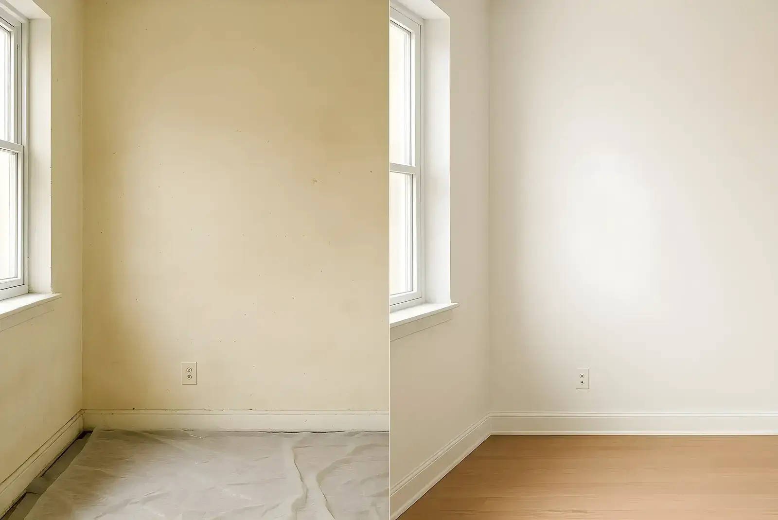 Antes y después de pintura interior en salón, trabajo de Los Pintores Albacete con paredes renovadas